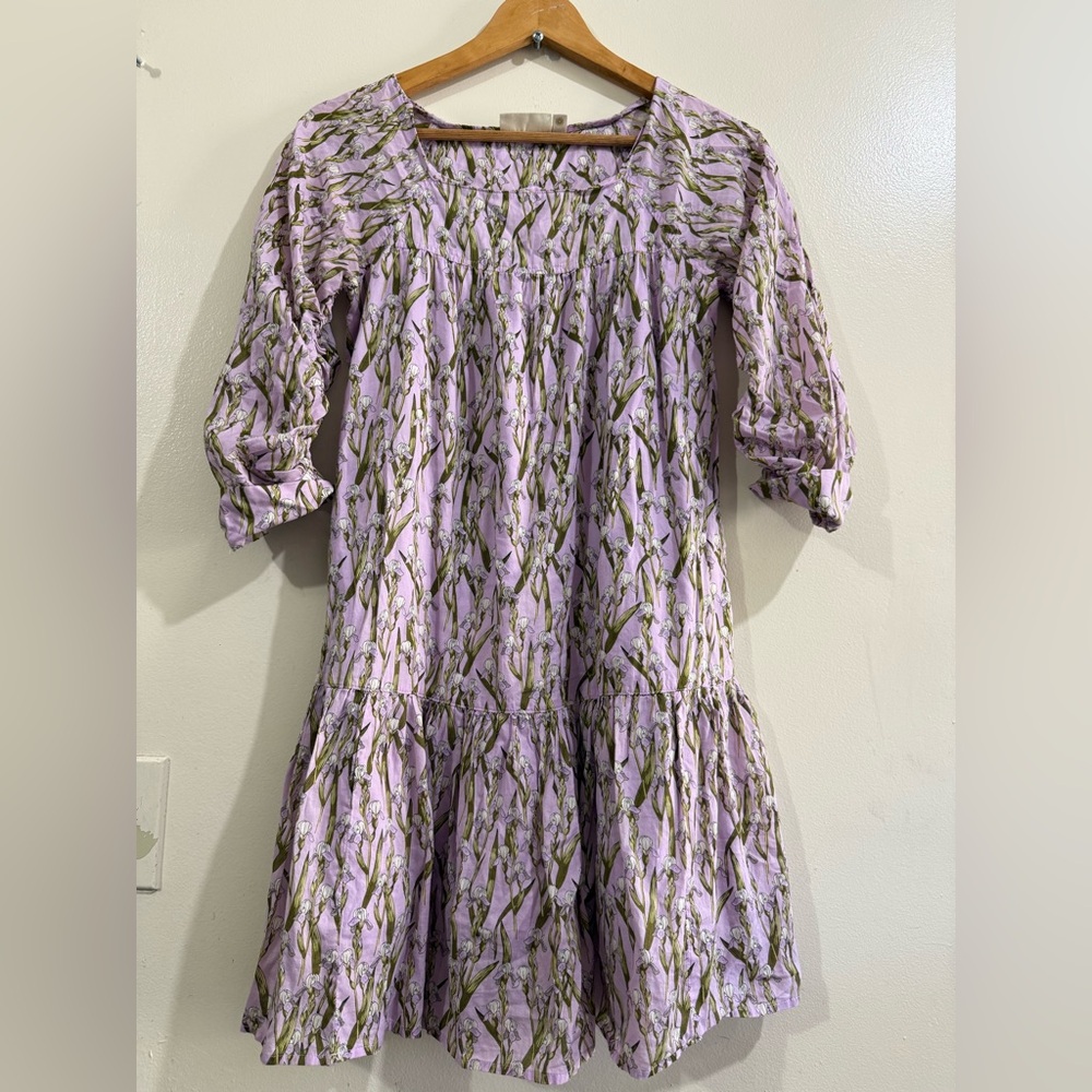 HAPPY NATURE Lilac Botanical Print Mini Dress with Puff Sleeves